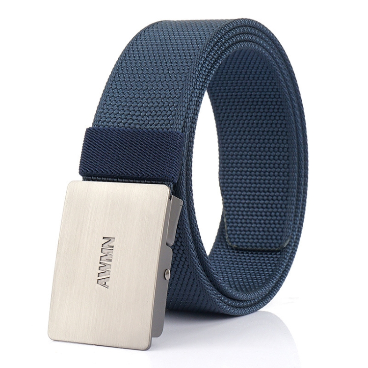 AWMN Men Nylon Canvas Cargo Jeans Casual Buckle Belt, Length: 120cm(Silver Buckle Royal Blue)