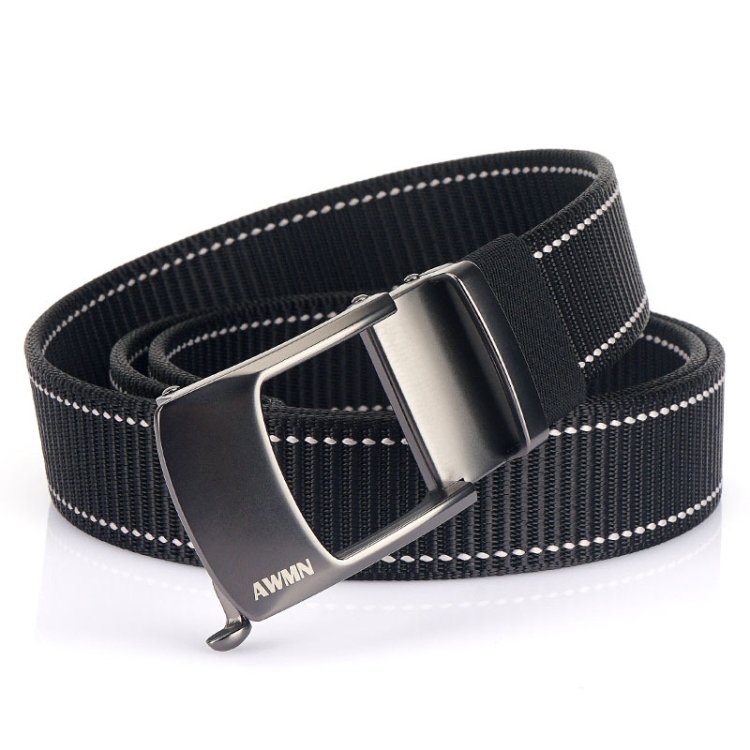 AWMN Men Nylon Cutout Automatic Buckle Toothless Belt, Length: 120cm(Black White Line)
