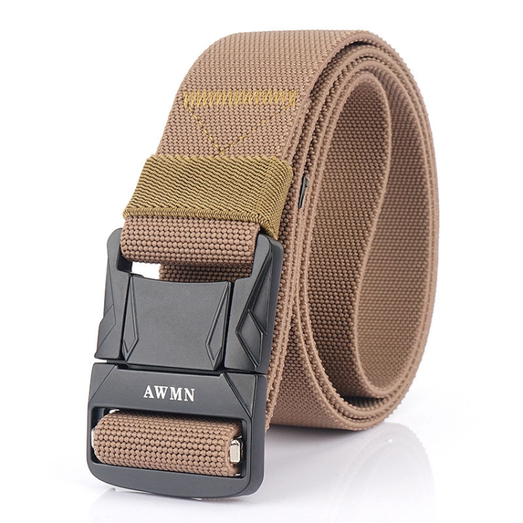 AWMN Men Outdoor Metal Buckle Elastic Nylon Belt, Length: 120cm(Plain Weave Dark Khaki)