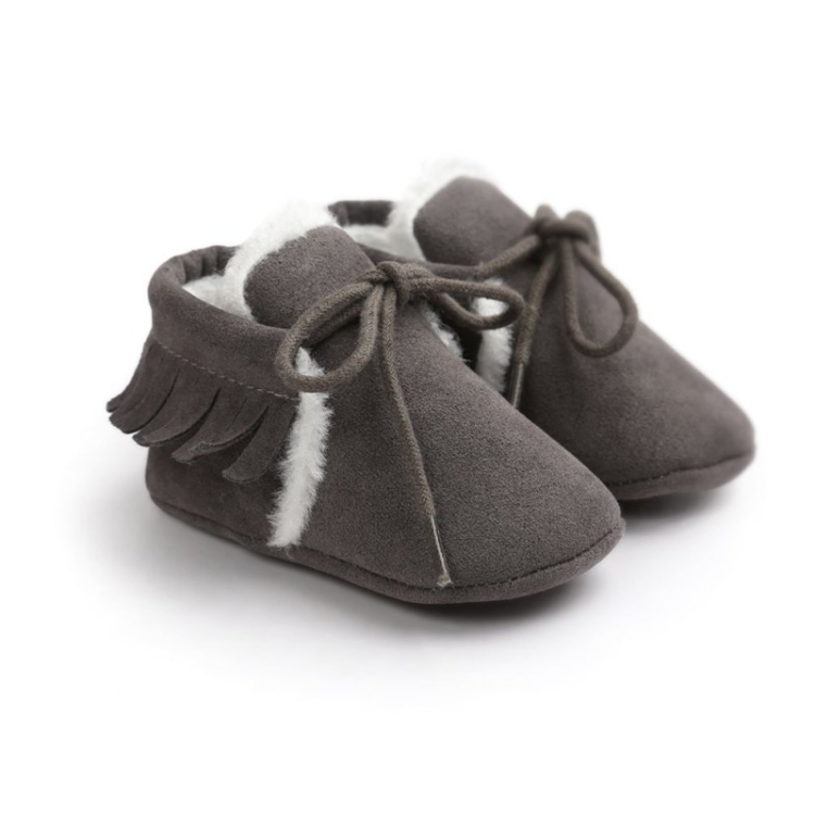Baby Moccasins Shoes Fringe Soft Soled Non-slip Footwear Crib Shoes PU Suede Leather First Walker Shoes(Dark Grey)