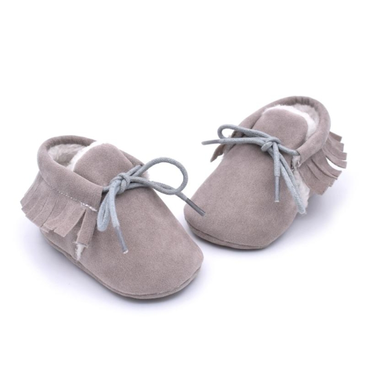 Baby Moccasins Shoes Fringe Soft Soled Non-slip Footwear Crib Shoes PU Suede Leather First Walker Shoes(Grey)