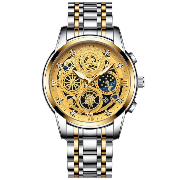 BINBOND 4010 Multifunctional Waterproof Hollowed Luminous Quartz Watch(Inter-gold Gold Surface)