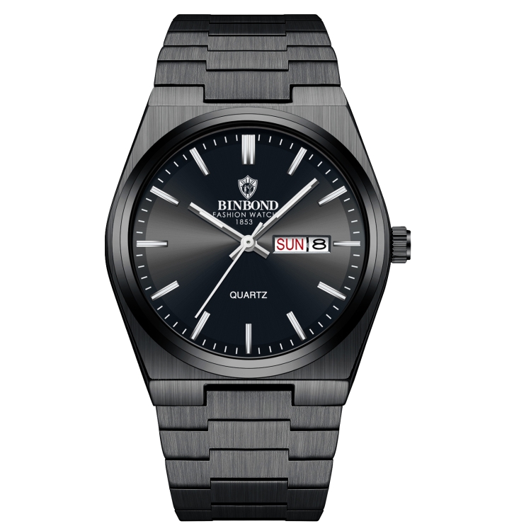 BINBOND B102 Dual-calendar Leisure Waterproof Luminous Quartz Watch, Color: Black Steel-Black-White