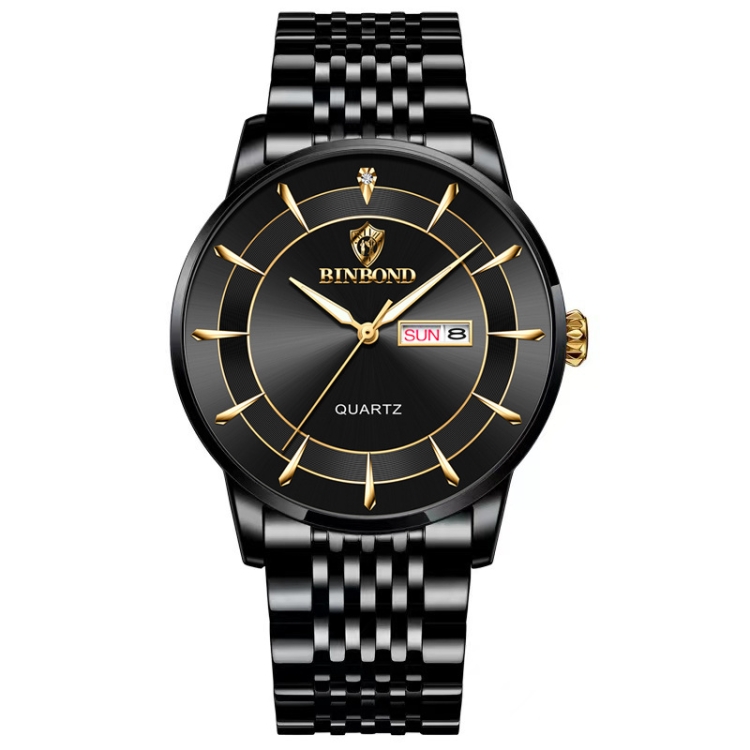 BINBOND B2077 30M Waterproof Quartz Luminous Watch Butterfly Buckle Men's Steel Belt Watch(Black Steel-Black)