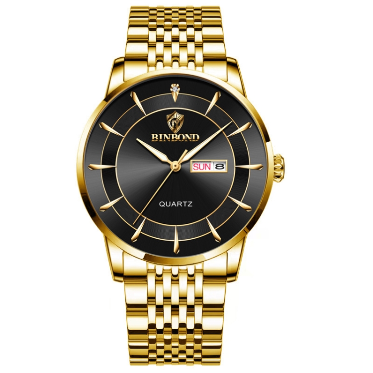 BINBOND B2077 30M Waterproof Quartz Luminous Watch Butterfly Buckle Men's Steel Belt Watch(Full-gold-Black)