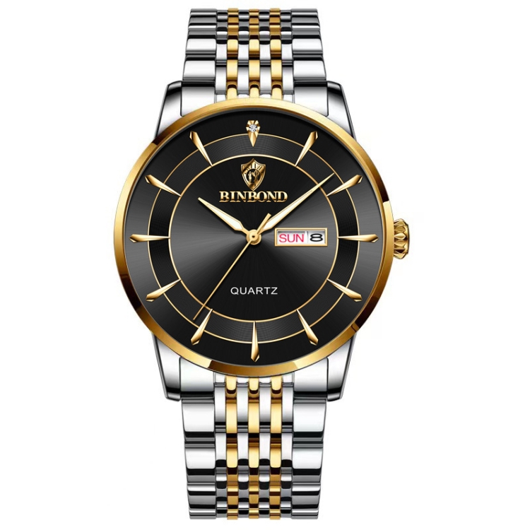 BINBOND B2077 30M Waterproof Quartz Luminous Watch Butterfly Buckle Men's Steel Belt Watch(Inter-gold-Black)