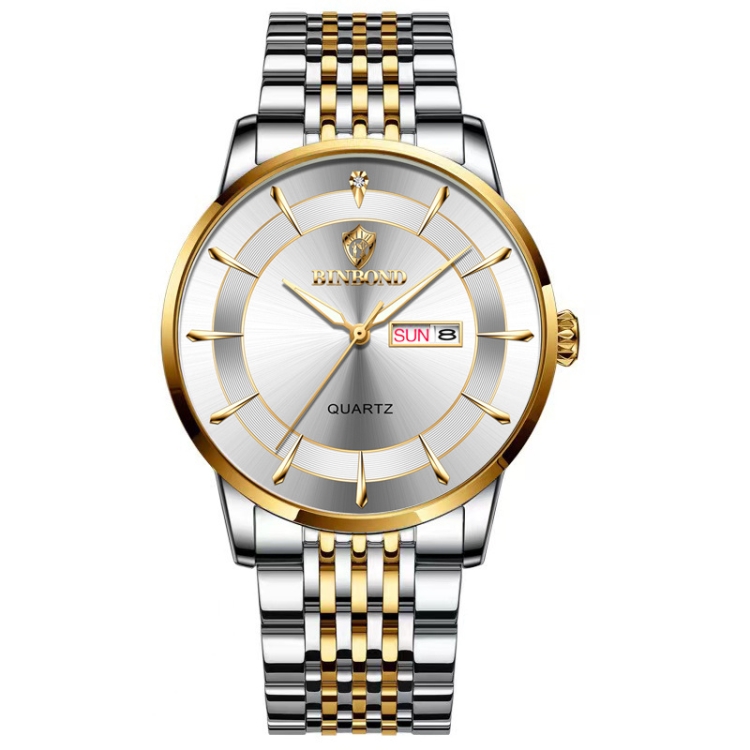 BINBOND B2077 30M Waterproof Quartz Luminous Watch Butterfly Buckle Men's Steel Belt Watch(Inter-gold-White)