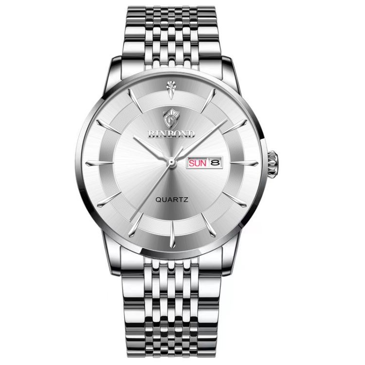 BINBOND B2077 30M Waterproof Quartz Luminous Watch Butterfly Buckle Men's Steel Belt Watch(White Steel-White)