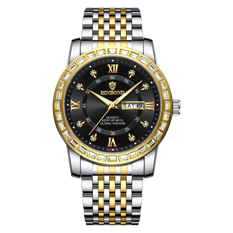 BINBOND B2202 Diamond Dual-calendar Luminous Quartz Watch, Color: Inter-gold-Black