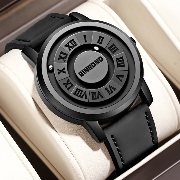 BINBOND B234 30m Waterproof Magnetic Suspension Watch, Color: Black Leather-Black Steel-Black
