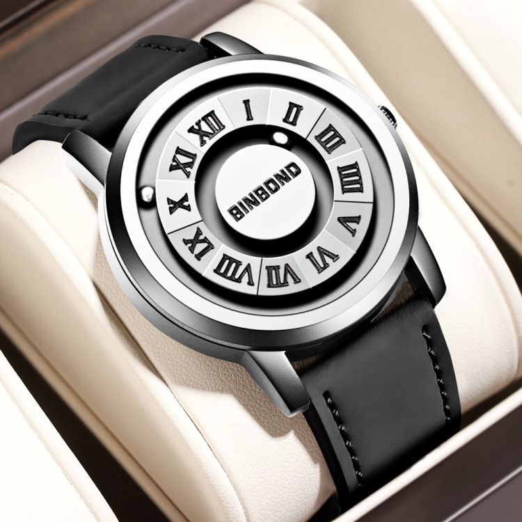 BINBOND B234 30m Waterproof Magnetic Suspension Watch, Color: Black Leather-White Steel-White