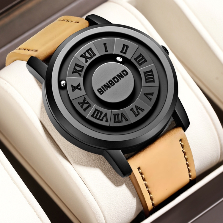 BINBOND B234 30m Waterproof Magnetic Suspension Watch, Color: Yellow Leather-Black Steel-Black