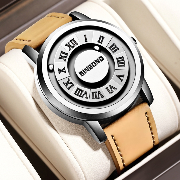 BINBOND B234 30m Waterproof Magnetic Suspension Watch, Color: Yellow Leather-White Steel-White