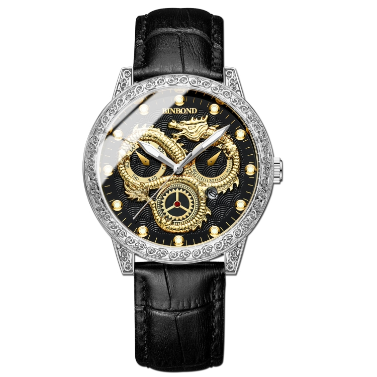 BINBOND B3030 Embossed Dragon Luminous Waterproof Quartz Watch, Color: Black Leather-White Steel-Black