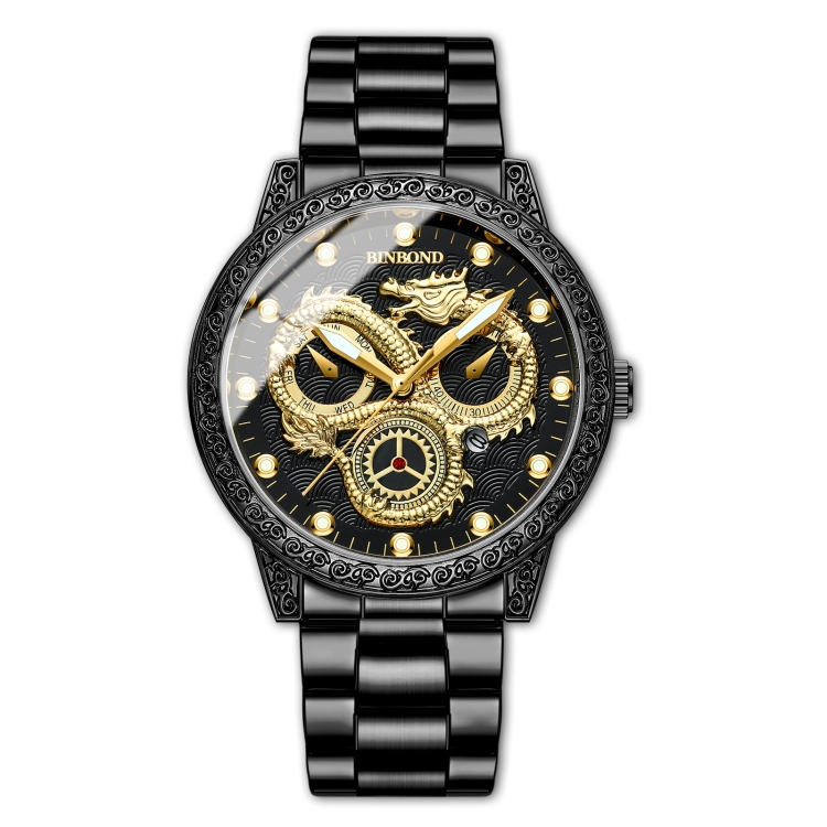 BINBOND B3030 Embossed Dragon Luminous Waterproof Quartz Watch, Color: Black Steel-Black