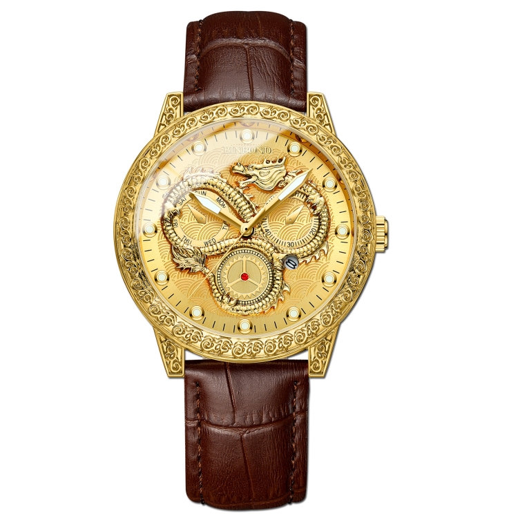 BINBOND B3030 Embossed Dragon Luminous Waterproof Quartz Watch, Color: Brown Leather-Full-gold-Gold
