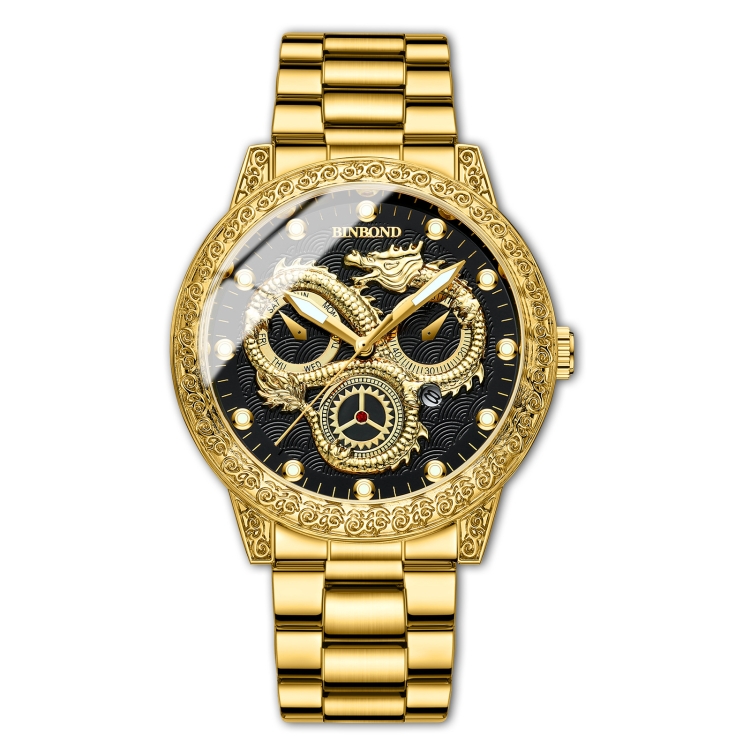 BINBOND B3030 Embossed Dragon Luminous Waterproof Quartz Watch, Color: Full-gold Black