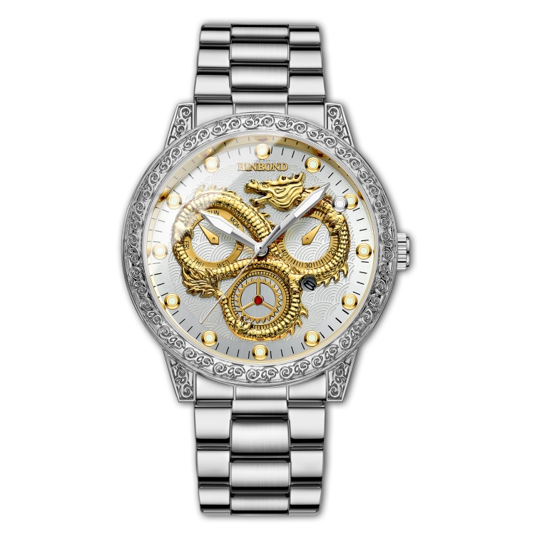 BINBOND B3030 Embossed Dragon Luminous Waterproof Quartz Watch, Color: White Steel-White