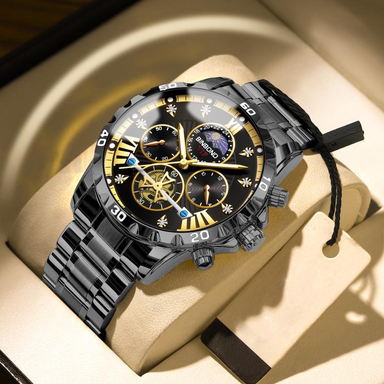 BINBOND B3103 30M Waterproof Flywheel Luminous Quartz Watch, Color: Black Steel Black-Gold Nail
