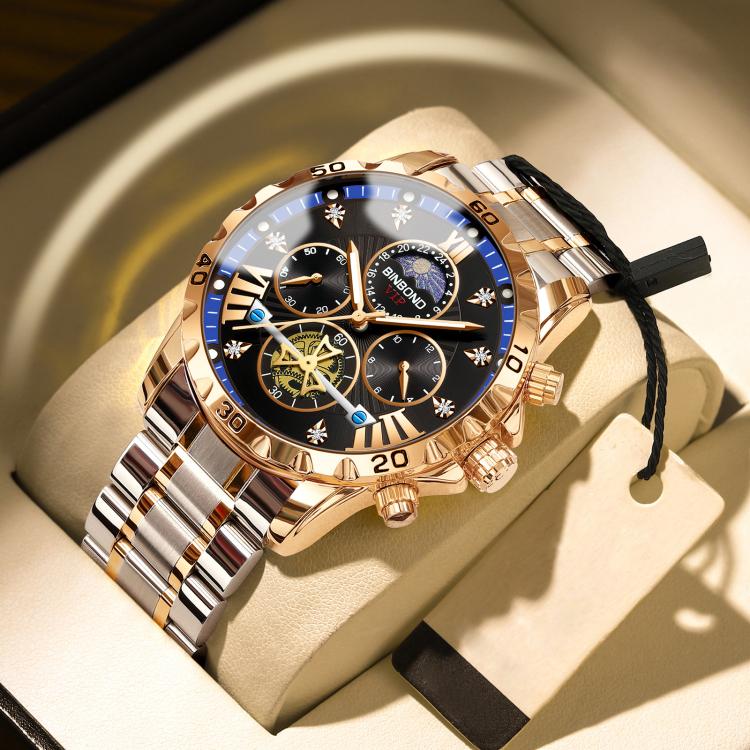 BINBOND B3103 30M Waterproof Flywheel Luminous Quartz Watch, Color: Inter-Rose Gold Black Blue