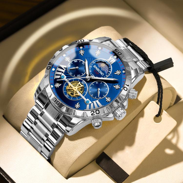 BINBOND B3103 30M Waterproof Flywheel Luminous Quartz Watch, Color: White Steel-Blue Surface