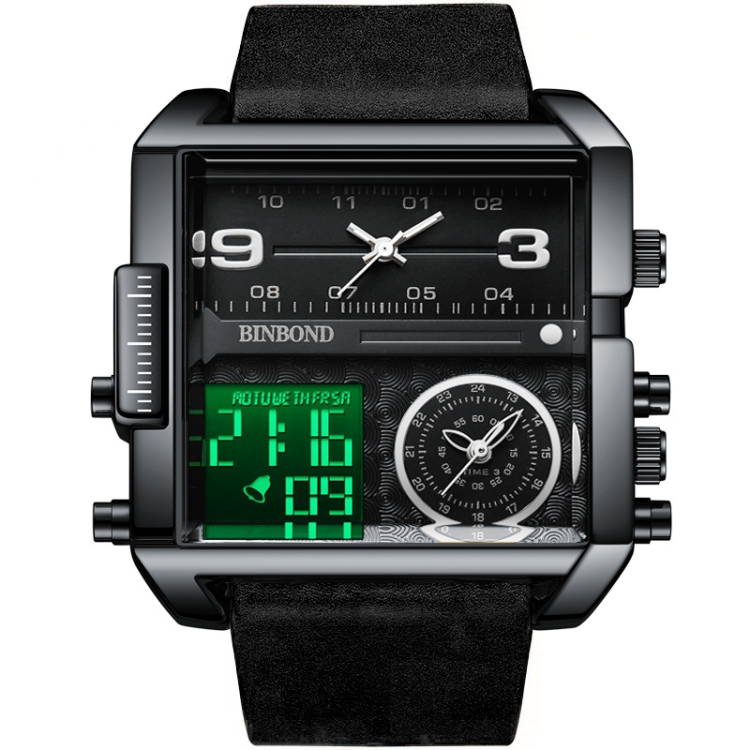 BINBOND B3332 Square Multifunctional Sports Quartz Waterproof Watch(Black Leather-Black-Black-White)