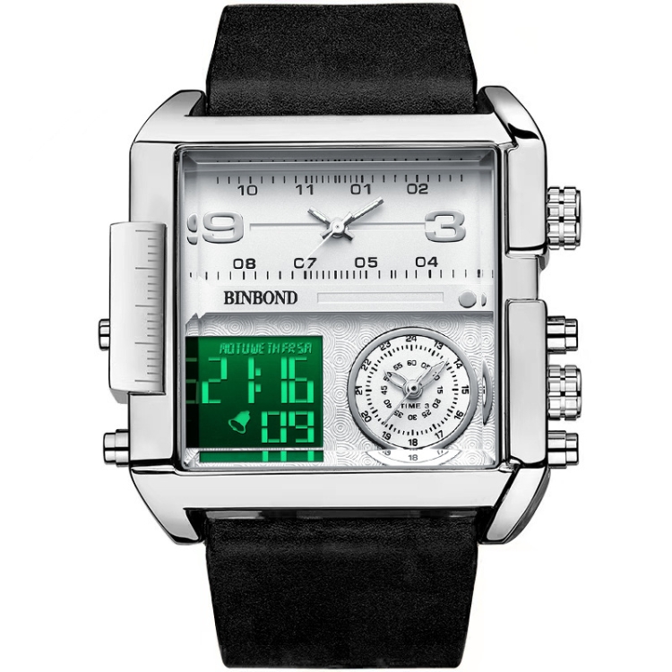 BINBOND B3332 Square Multifunctional Sports Quartz Waterproof Watch(Black Leather-White-White)