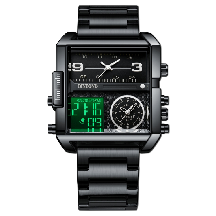 BINBOND B3332 Square Multifunctional Sports Quartz Waterproof Watch(Black Steel-Black-White)