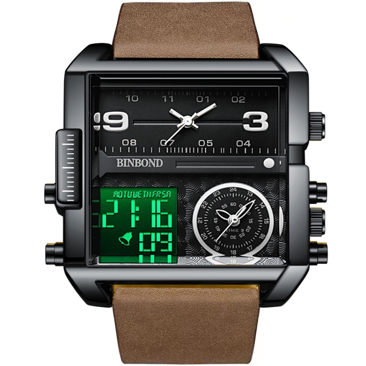 BINBOND B3332 Square Multifunctional Sports Quartz Waterproof Watch(Brown Leather-Black-Black)