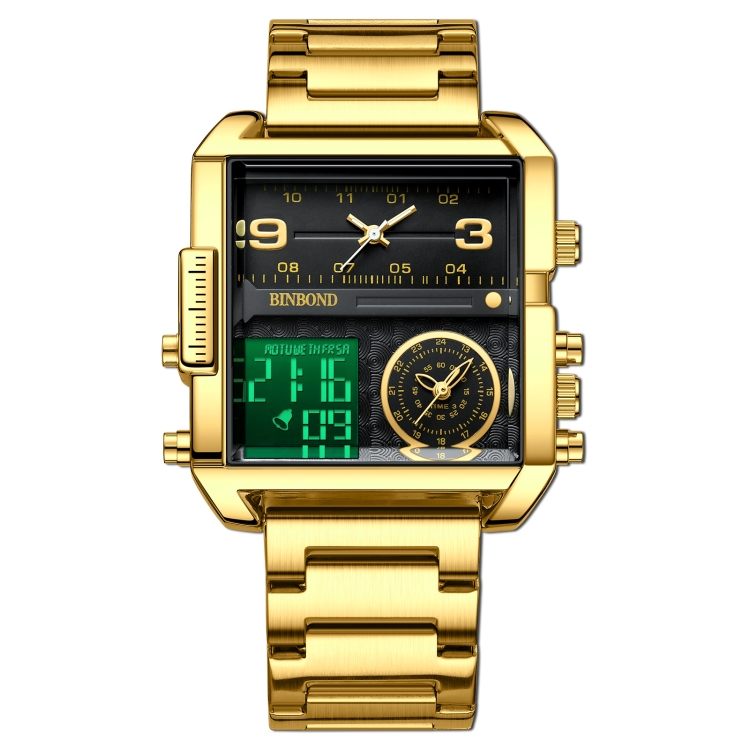BINBOND B3332 Square Multifunctional Sports Quartz Waterproof Watch(Full-gold-Black)