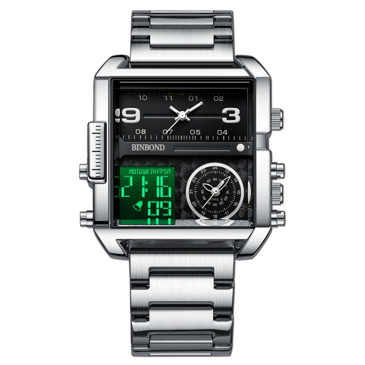 BINBOND B3332 Square Multifunctional Sports Quartz Waterproof Watch(White Steel-Black)