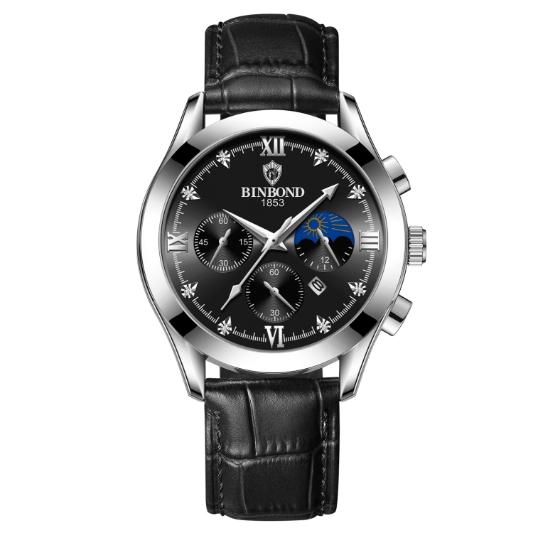 BINBOND B3591 30m Waterproof Luminous Calendar Men Watch, Color: Black Leather-White-Black