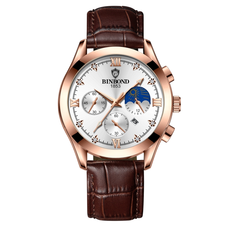 BINBOND B3591 30m Waterproof Luminous Calendar Men Watch, Color: Brown Leather-Rose-White