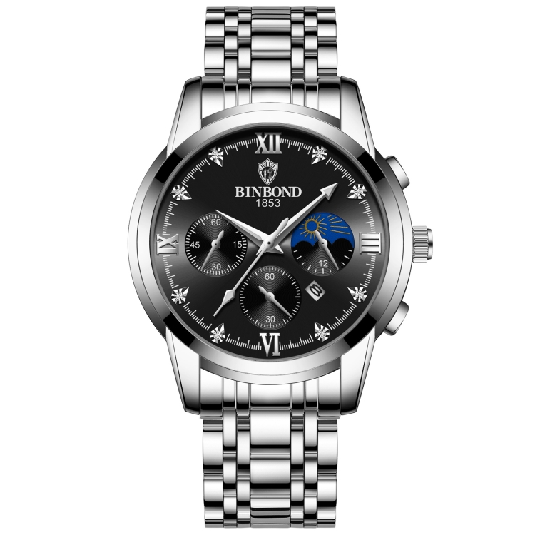 BINBOND B3591 30m Waterproof Luminous Calendar Men Watch, Color: White Steel-Black