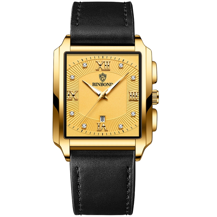 BINBOND B4143 Rectangular Outdoor Men Waterproof Quartz Watches(Black Leather-Full Gold-Gold)