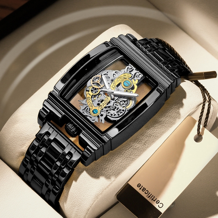 BINBOND B5011 Gear Hollow Outdoor Waterproof Luminous Men Business Watches(Black Steel Steel Strap)