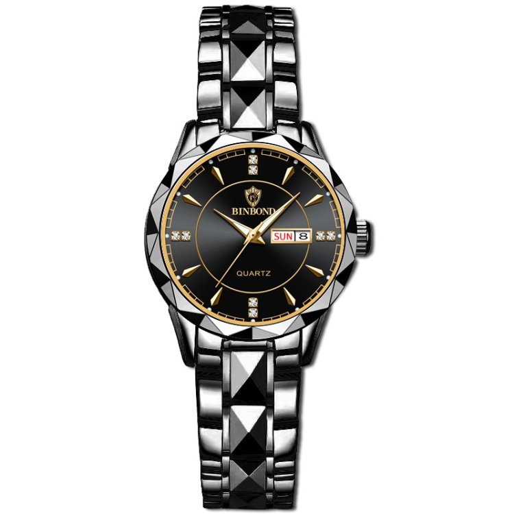 BINBOND B5552 Luminous Multifunctional Business Calendar Quartz Watch(Female-Black Steel-Black)