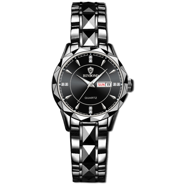 BINBOND B5552 Luminous Multifunctional Business Calendar Quartz Watch(Female-Black Steel-Black-White)