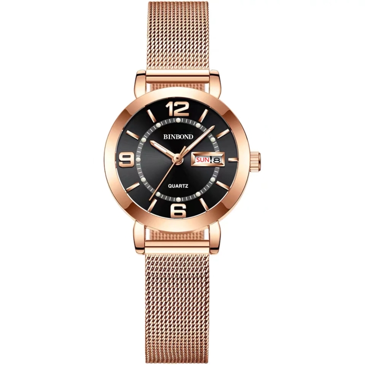 BINBOND B5907 Luminous Quartz Ladies Watch 30M Waterproof Calendar Steel Belt Watch(Black)
