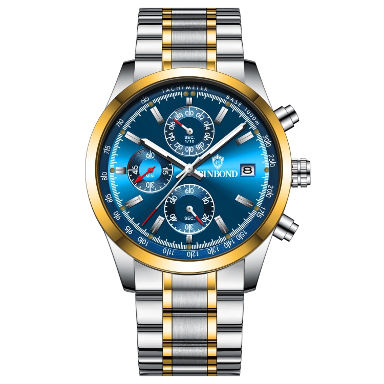 BINBOND B6022 30m Waterproof Luminous Multifunctional Quartz Watch, Color: Inter-Gold-Blue