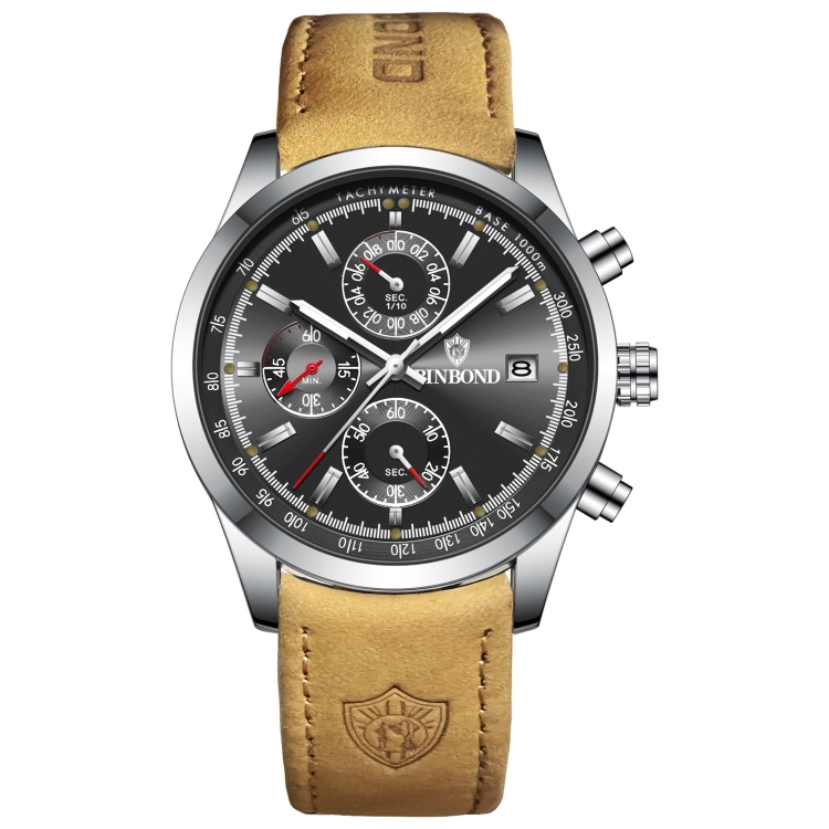BINBOND B6022 30m Waterproof Luminous Multifunctional Quartz Watch, Color: Leather-White Steel-Black