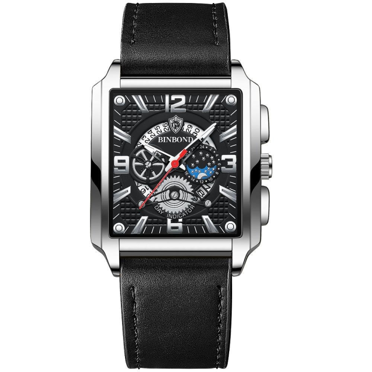 BINBOND B6575 Men Vintage Square Multifunctional Luminous Quartz Watch, Color: Black Leather-White-Black