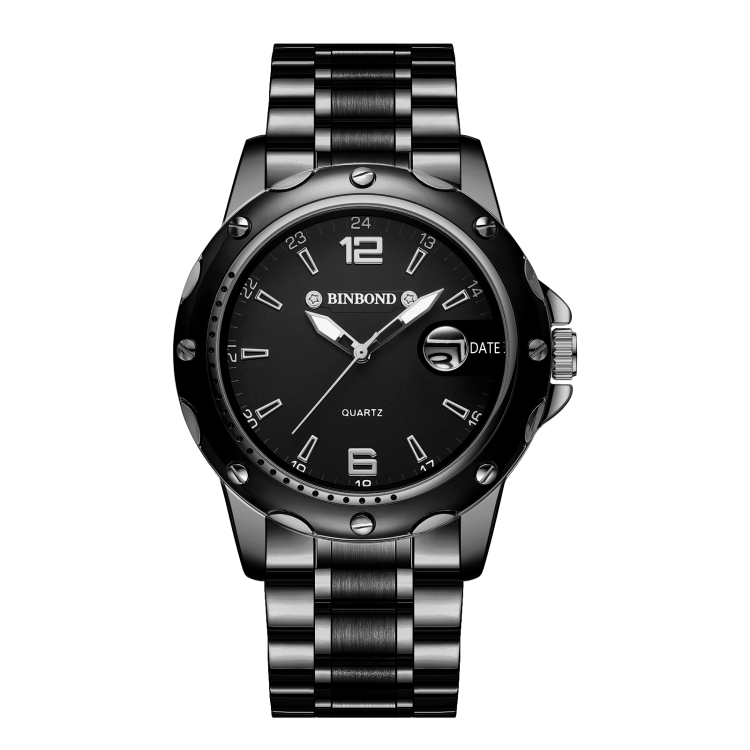 BINBOND B9696 Outdoor Calendar Luminous Waterproof Quartz Watch, Color: Black Steel-Black-White Nail