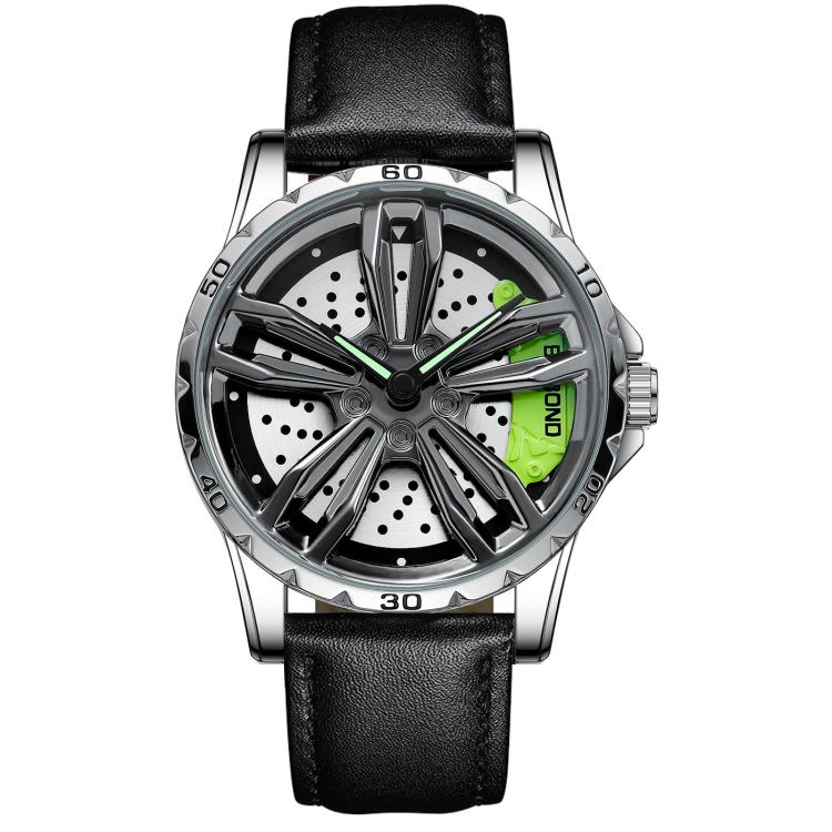 BINBOND D001 3D Hollow Motorcycle Rotating Wheel Watch, Color: Black Leather-White Steel-Green