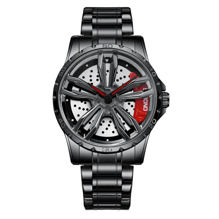BINBOND D001 3D Hollow Motorcycle Rotating Wheel Watch, Color: Black Steel-Red