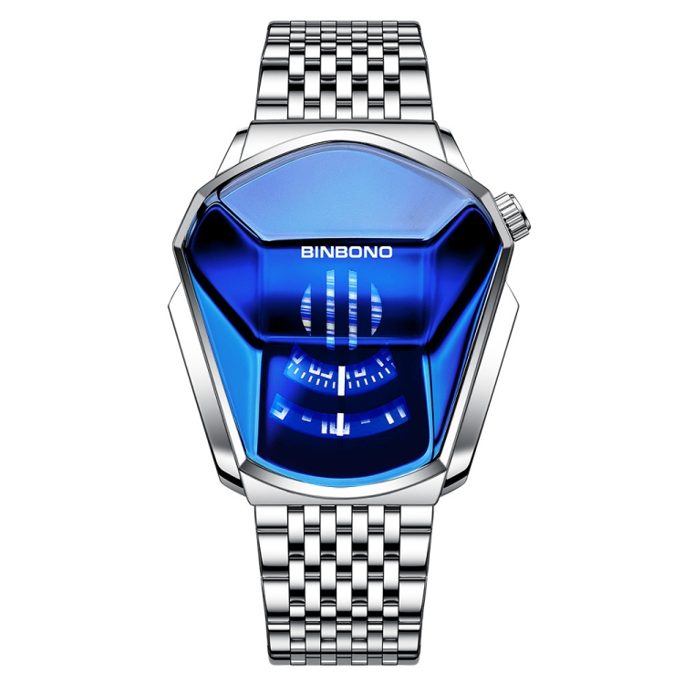 BINBOND Locomotive Concept Steel Belt Watch Men Live Black Technology Watch(White Steel Blue Face)