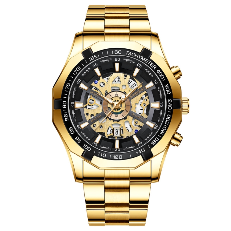 BINBOND S033 Hollowed Mechanical 30m Waterproof Luminous Quartz Watch, Color: Full Gold-Black-Gold
