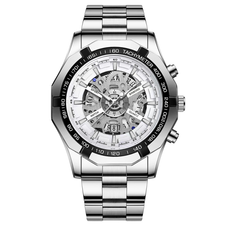 BINBOND S033 Hollowed Mechanical 30m Waterproof Luminous Quartz Watch, Color: White Steel-White