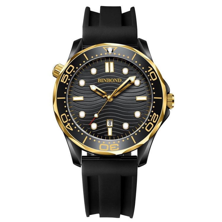 Black Silicon Inter-gold Black BINBOND B2820 Luminous 30m Waterproof Men Sports Quartz Watch