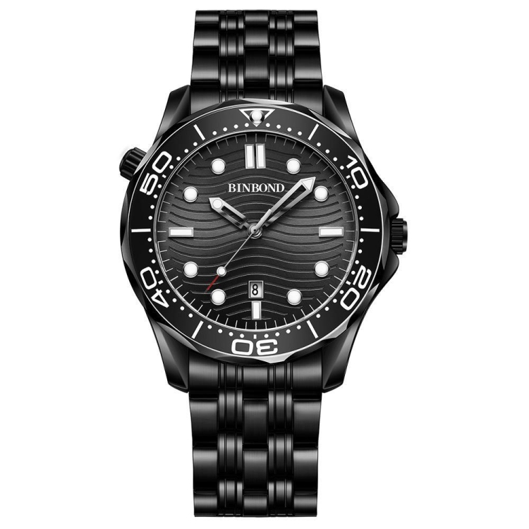 Black Steel Black Surface White BINBOND B2820 Luminous 30m Waterproof Men Sports Quartz Watch